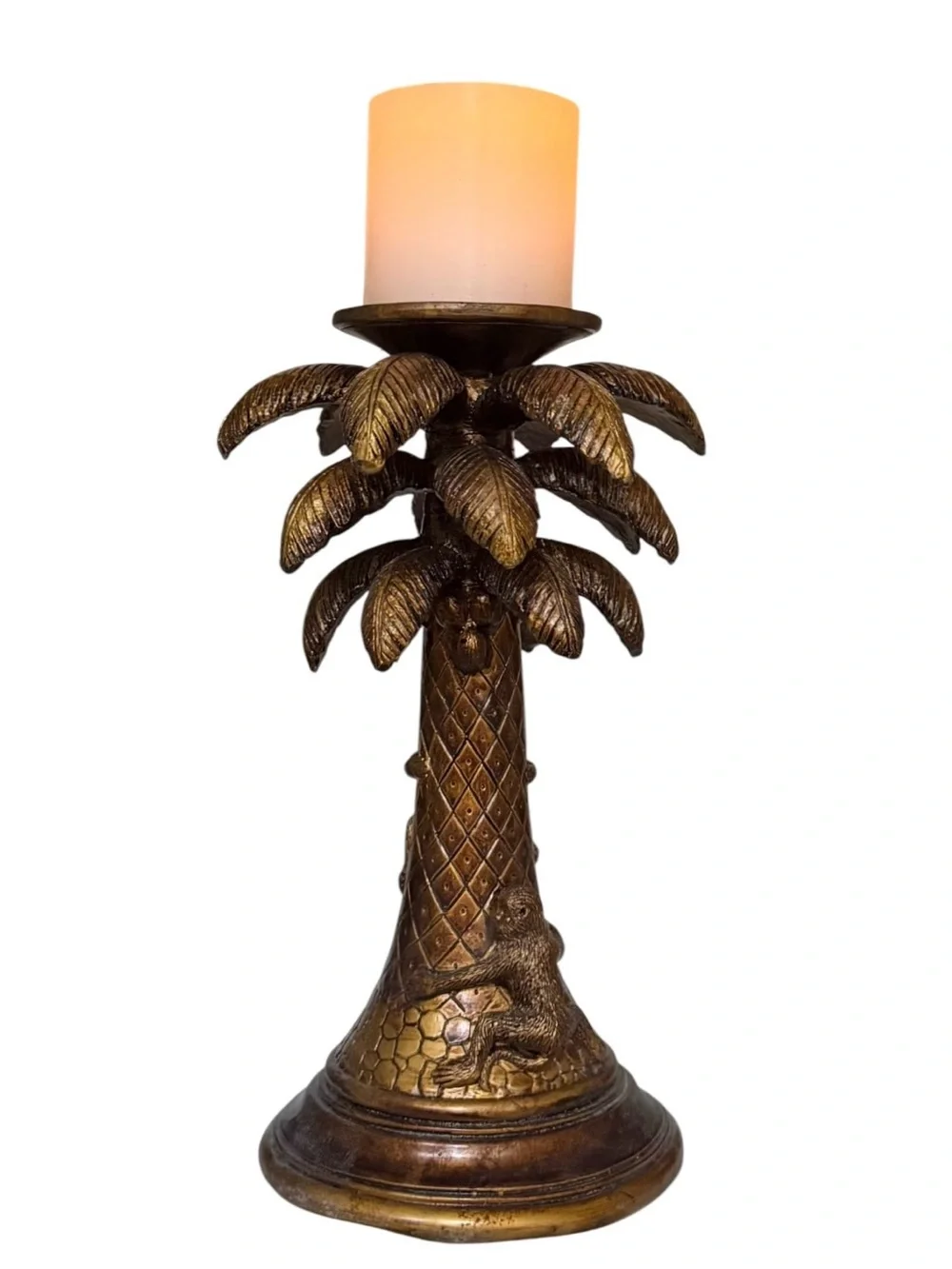 Home Elements Bronze Monkeys Climbing Palm Tree Ceramic Pillar Candle Holder